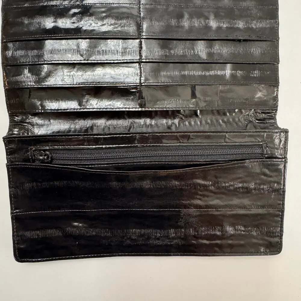 Vintage Handbag Black Genuine Eel Skin Leather Pockets Bifold Credit Card Wallet